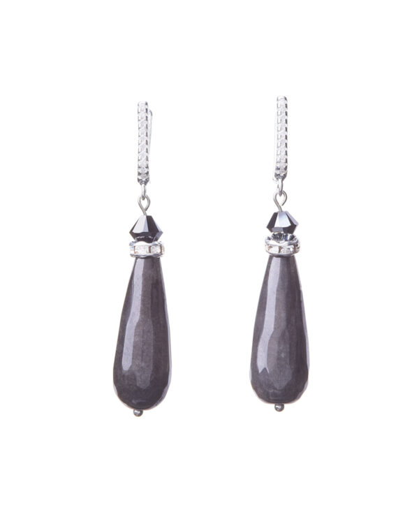 Drop Silver Earrings in Black with Cubic Zirconia Leverback